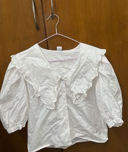 Chic White Puff Sleeve Ruffle Collar Top