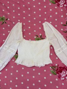 White Smocked Square Neck Crop Top