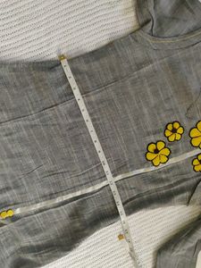 ANORA Grey Kurta with Yellow Floral Embellishments