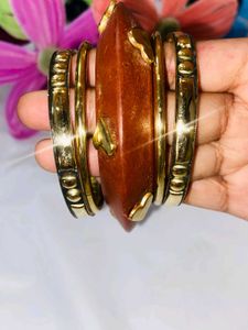 Unique Wooden & Gold Tone Bangle Set