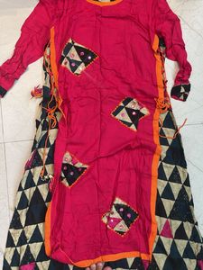 Vibrant Pink Kurta Set with Geometric Print Skirt