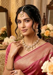 Elegant Pearl &amp; Pink Stone Jewellery Set