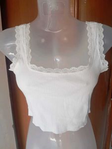 White Lace Trim Cropped Tank Top