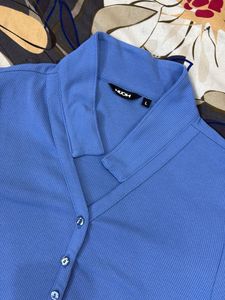 Blue Ribbed Collared Button-Up Top