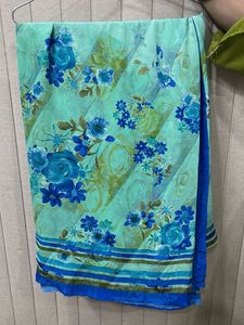 Beautiful Green Blue Floral Print Saree