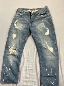 ELLE Distressed Blue Jeans with Paint Splatter