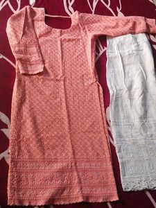 Elegant Peach Chikankari Kurta &amp; Palazzo Set