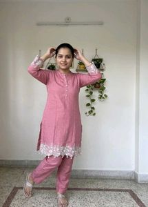 Chic Pink Kurta Set with White Embroidery