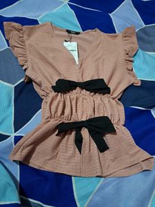 Shein Stylish Pink Bow-Tie Top