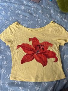 Yellow T-Shirt with Red Lily Graphic
