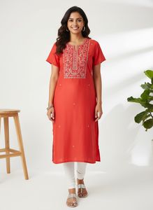 Red Embroidered Kurta with pant and dupatta set