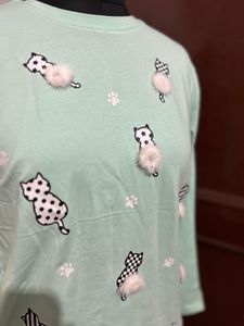 Mint Green Cat Print Top