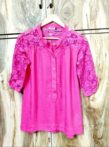 Women's Pink Lace Sleeve Tunic Top Size-36