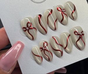 Elegant White & Red Bow Press-On Nails