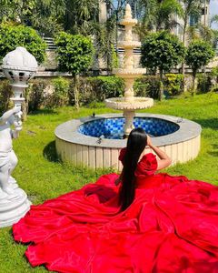Elegant Red Puff Sleeve Midi Dress