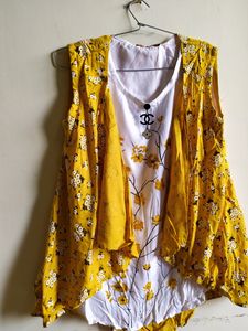 Women's Yellow Floral Sleeveless Shrug-Style Dress