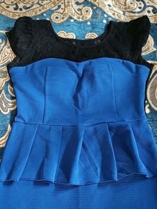 Elegant Blue Peplum Dress with Black Lace