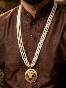 Men's Faux Pearl Necklace with Gold Plated Pendant