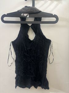 Black Sleeveless Top with Embellished Coll