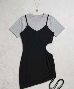 Chic Black Slip Dress with Grey Tee Layer