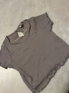 Cute Grey Ribbed Top with Bow Detail