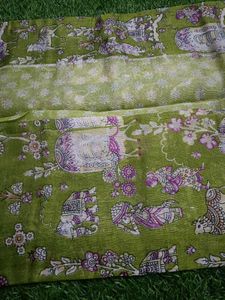Green Saree with Elephant &amp; Floral Print