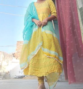 Yellow Printed Kurta Set with Dupatta