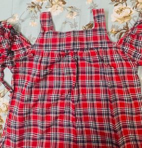 Red Plaid Cold Shoulder Top