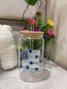 Customize blue Floral Glass Tumbler  with bamboo l