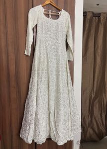 White Party Wear Anarkali Gown &amp; Dupatta