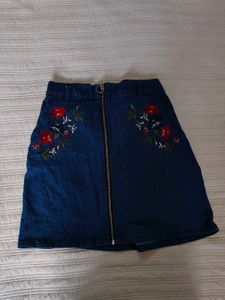 Denim Mini Skirt with Floral Embroidery