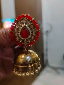 Elegant Jhumka Earrings with Red Stones