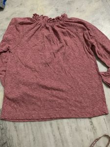 Chic Pink Ruffled Neck Long Sleeve Top