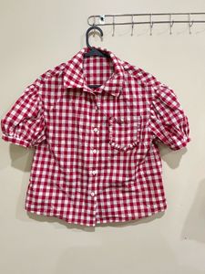 Red Gingham Puff Sleeve Shirt