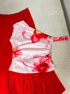 Chic Floral One-Shoulder Red Dress