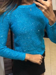 Sparkling sequins Blue fine Knit Sweater