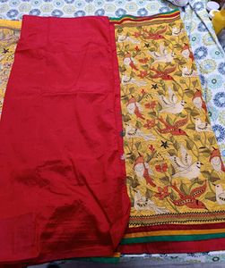 Bright Red And Yellow Kantha Stitch Semi Silk Sare