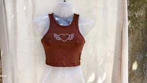 20279. Brown Crop Top with Rhinestone Wings Heart