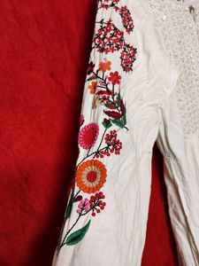 Embroidered Cotton Kurta with Floral Sleeves