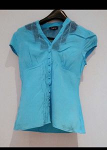 Bebe Blue Top with Mesh Detail