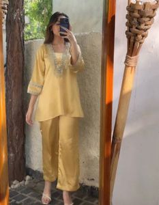 Embellished Yellow Silk Kurta