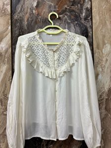 Cream Lace Detail Ruffled Blouse