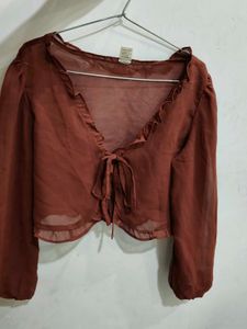 Sheer Brown Ruffle Tie-Front Top