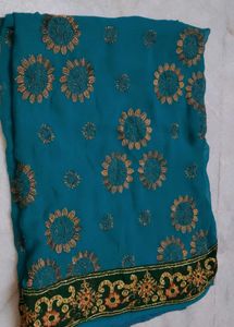 Teal Saree Bronze Embroidery with blouse