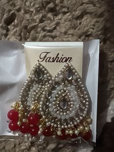 Elegant Dangle Earrings with Pearls &amp; Red Beads