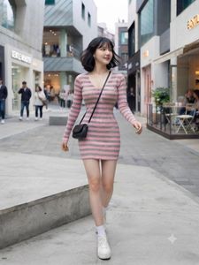 Pink &amp; Grey Striped Long Sleeve Dress