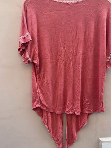 Women's Pink Lace Trim Tie-Front Top