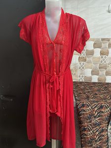 2 pies Sheer Red Lace Robe &amp; Lingerie Set