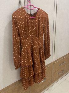 zudio Brown Polka Dot Tiered Dress