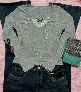 Grey Ribbed Top with Lace Detail